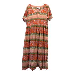 Womens Boho Midi Dress Orange Green Tiered Floral Stripe Cotton Med Nature
